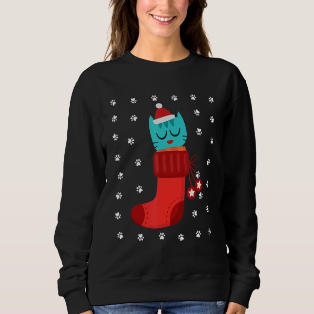 Kitten In Sock Humor Ugly Christmas Cat Paws Snow Sweatshirt (Front)