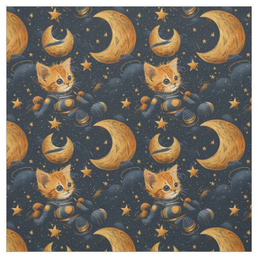 Kitten in space. Cute nursery themed Fabric