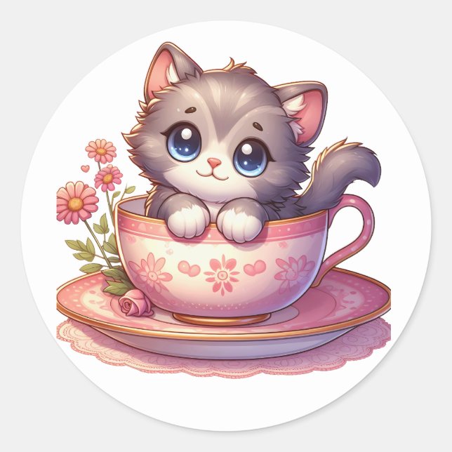 Kitten in Tea cup Stickers (Front)