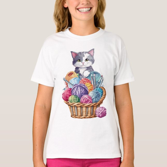 Kitten In the Knitting Basket of Wool T-Shirt (Front)