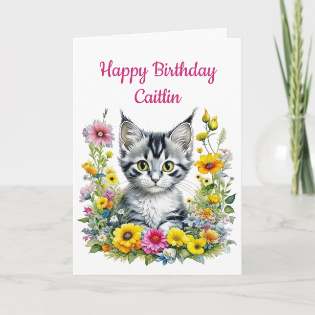 Kitten in Yellow Flowers Personalized Birthday Card (Front)