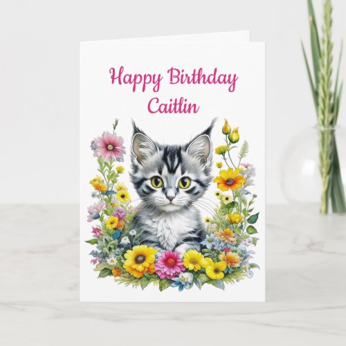 Kitten in Yellow Flowers Personalized Birthday Card