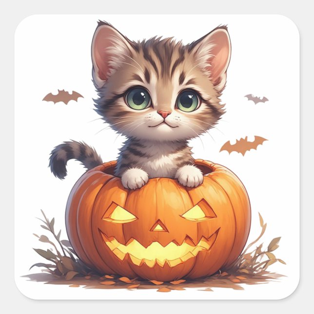 Kitten  Inside Pumpkin Halloween 🎃 Square Sticker (Front)