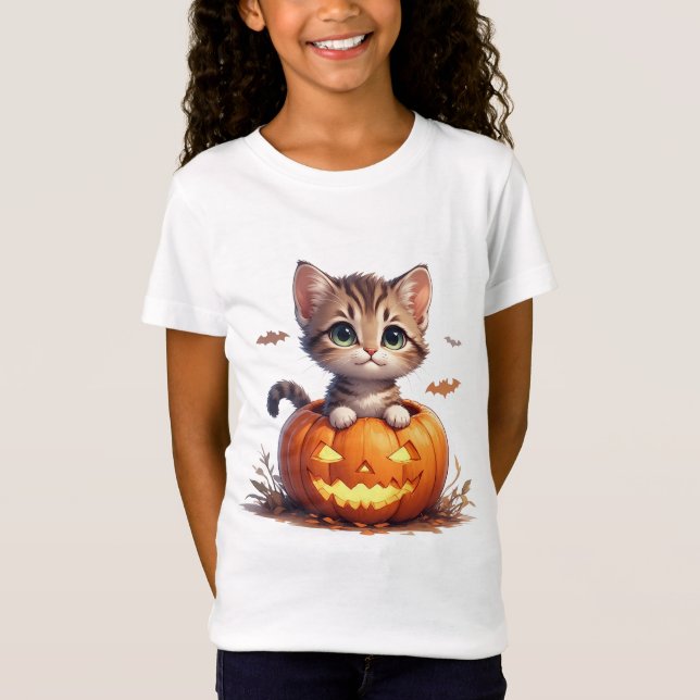 Kitten  Inside Pumpkin Halloween 🎃 T-Shirt (Front)