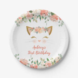 Kitten kitty cat floral peach cream birthday paper plates