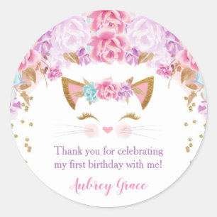 Kitten kitty cat floral pink purple teal classic round sticker