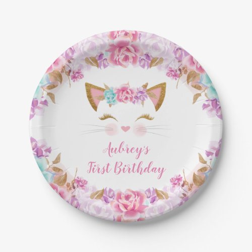 Kitten kitty cat floral pink purple teal paper plates