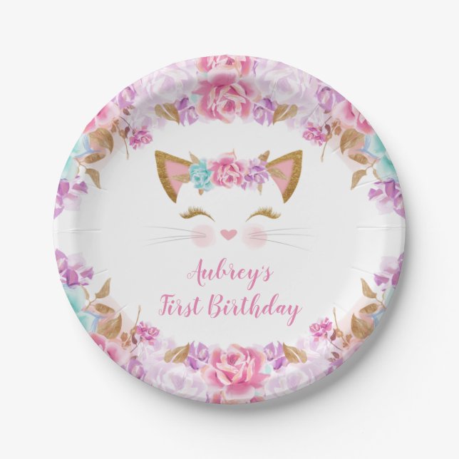 Kitten kitty cat floral pink purple teal paper plates (Front)