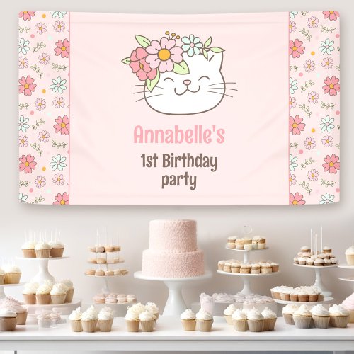 Kitten Kitty Cat Pink Girl 1st Birthday Banner