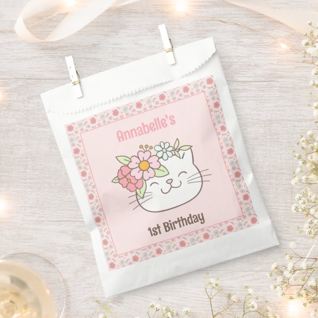 Kitten Kitty Cat Pink Girl 1st Birthday Favor Bag (Clipped)