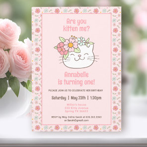 Kitten Kitty Cat Pink Girl 1st Birthday Invitation