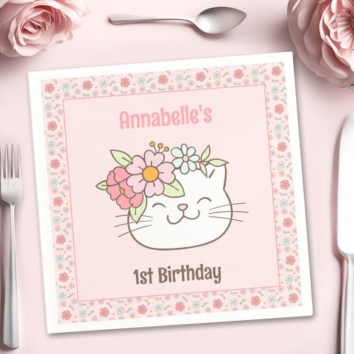 Kitten Kitty Cat Pink Girl 1st Birthday Napkins