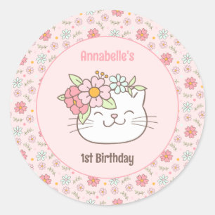 Kitten Kitty Cute Cat Pink Girl 1st Birthday Classic Round Sticker