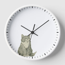 Vintage Cat Clock - Grey and white Persian Cat looks at the time hands on wall clock