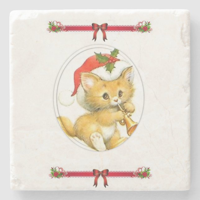 Kitten Marble Stone Coaster Christmas (Front)