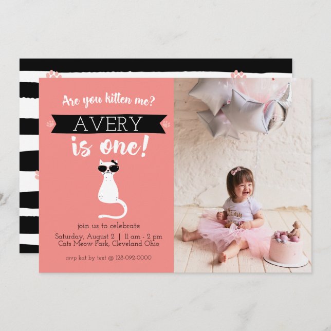 Kitten Me First Birthday Photo Invitation (Front/Back)