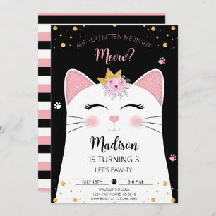 Kitten Meow Birthday Black Invitation