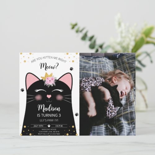 Kitten Meow Birthday Black Photo Invitation