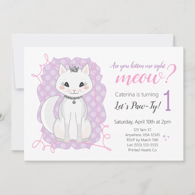 Kitten Meow Birthday Invitation | Pink and Purple (Front)
