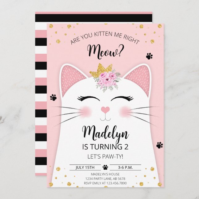 Kitten Meow Birthday Pink Invitation (Front/Back)