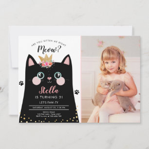 Kitten Meow Pink Crown Girl Kitty Cat Birthday Invitation