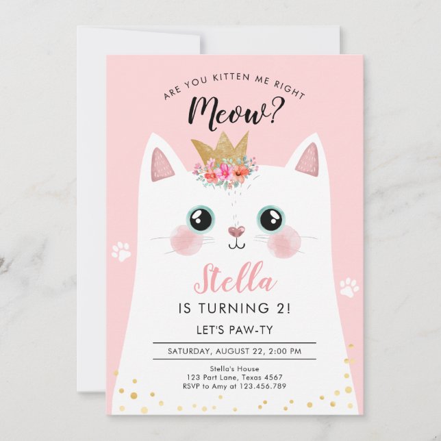 Kitten Meow Pink Crown Girl Kitty Cat Birthday Invitation (Front)