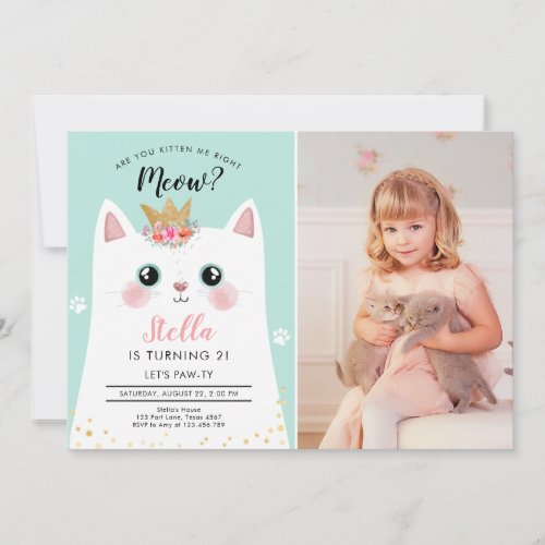 Kitten Meow Pink Crown Girl Kitty Cat Birthday Invitation