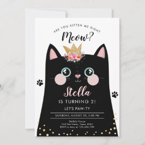 Kitten Meow Pink Crown Girl Kitty Cat Birthday Invitation