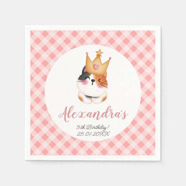 Kitten Meow Pink Crown Girl Kitty Cat Birthday Napkins (Front)
