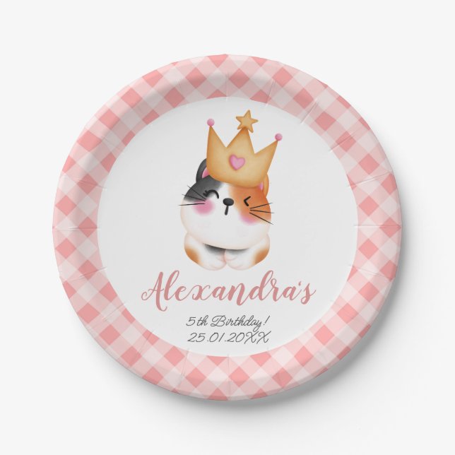 Kitten Meow Pink Crown Girl Kitty Cat Birthday Paper Plates (Front)