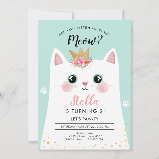 Kitten Meow Teal Crown Girl Kitty Cat Birthday Invitation (Front)