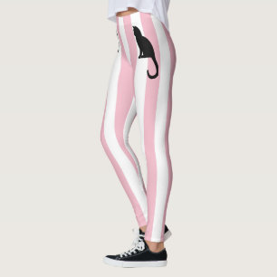 Kitten Monogram Pink and White vertical stripes Leggings