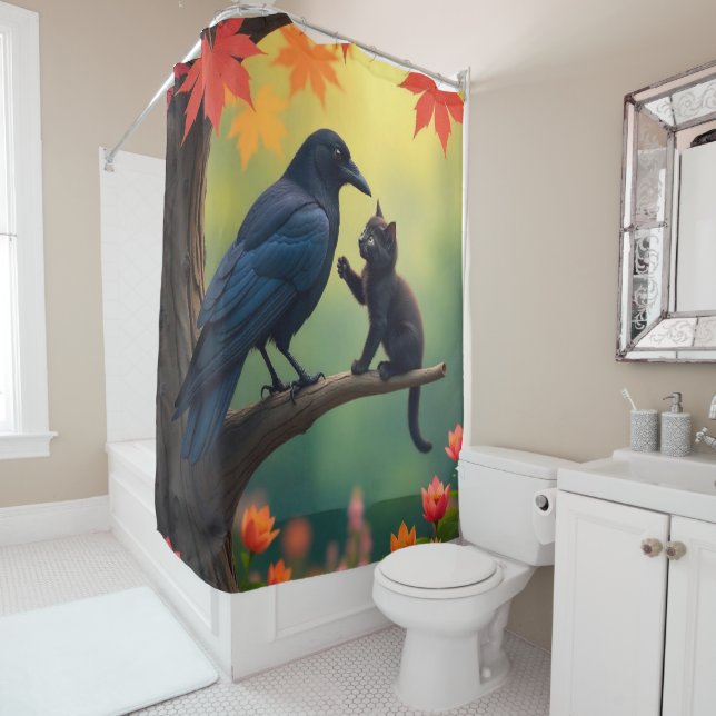 Kitten Oak Tree Garden Raven-Crows  Shower Curtain (In Situ)