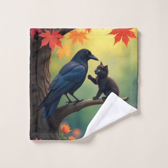 Kitten Oak Tree Garden Raven-Crows  Wash Cloth (Wash Cloth)