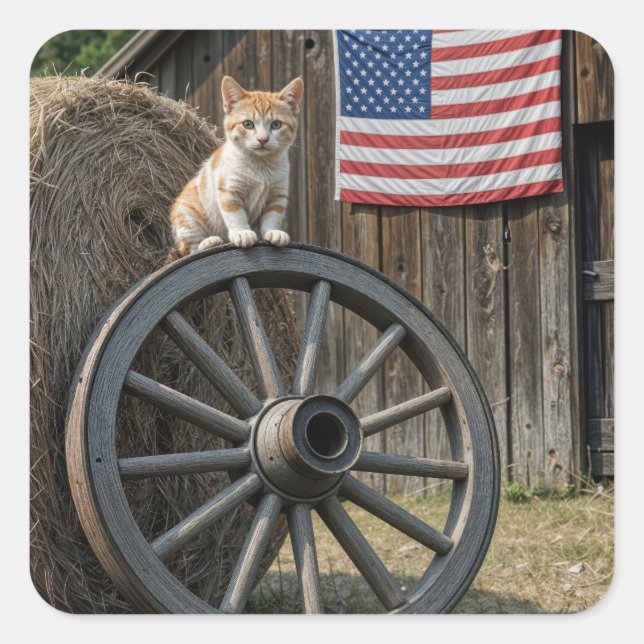 Kitten On an Old Wagon Wheel  Square Sticker (Front)
