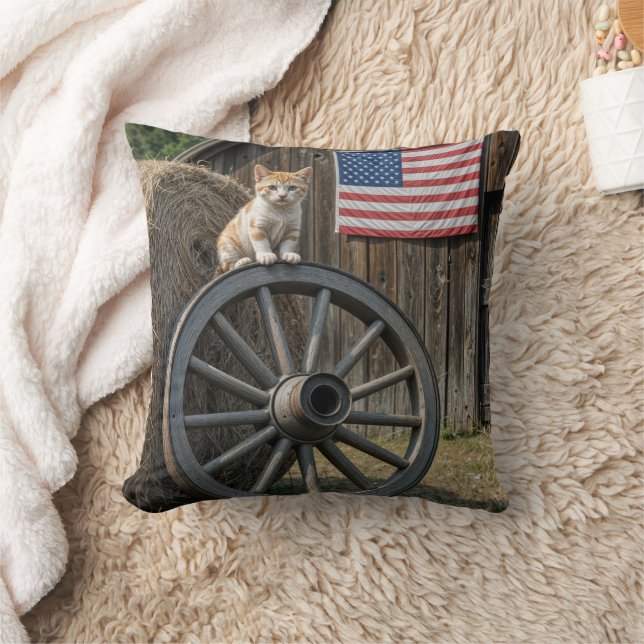 Kitten On an Old Wagon Wheel  Throw Pillow (Blanket)