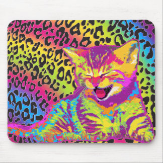 Kitten on rainbow leopard print background mouse pad