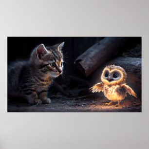 Kitten & Owl Poster – Whimsical Forest Friends Art