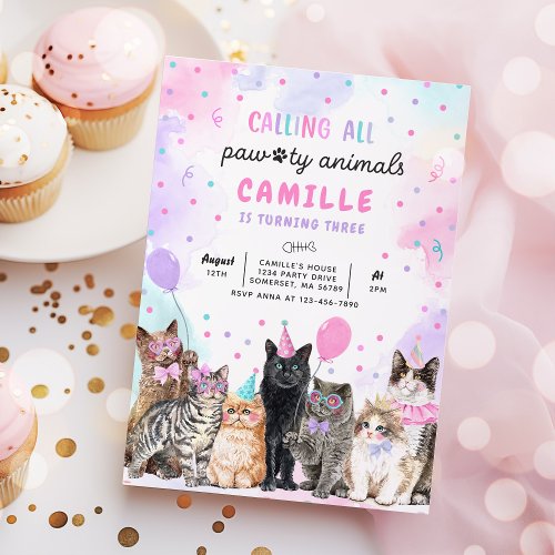Kitten Party Calling All Pawty Animals Birthday Invitation