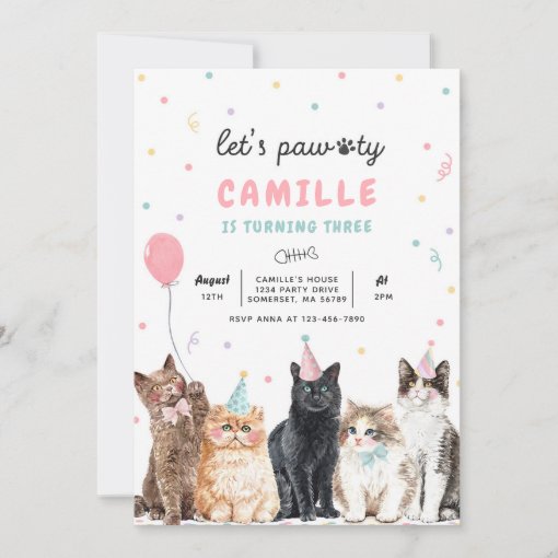 Kitten Party Let's Pawty Kitty Cat Birthday Invitation | Zazzle