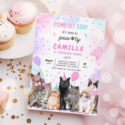 Kitten Party Lets Pawty Kitty Cat Birthday Invitation