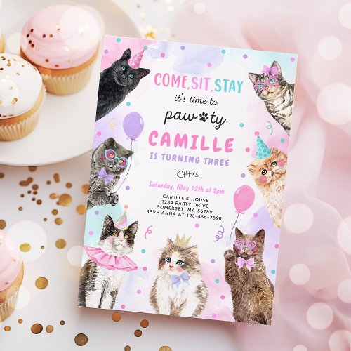 Kitten Party Lets Pawty Kitty Cat Birthday Invitation