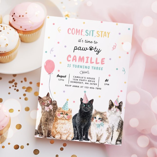 Kitten Party Let's Pawty Kitty Cat Birthday Invitation (Creator Uploaded)