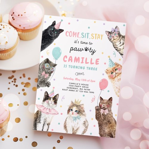 Kitten Party Lets Pawty Kitty Cat Birthday Invitation