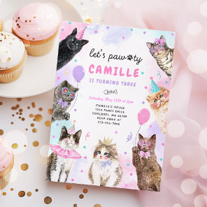 Kitten Party Let's Pawty Party Kitty Cat Birthday  Invitation