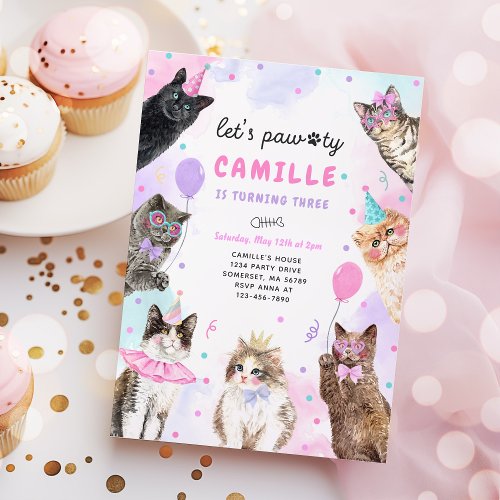 Kitten Party Lets Pawty Party Kitty Cat Birthday  Invitation