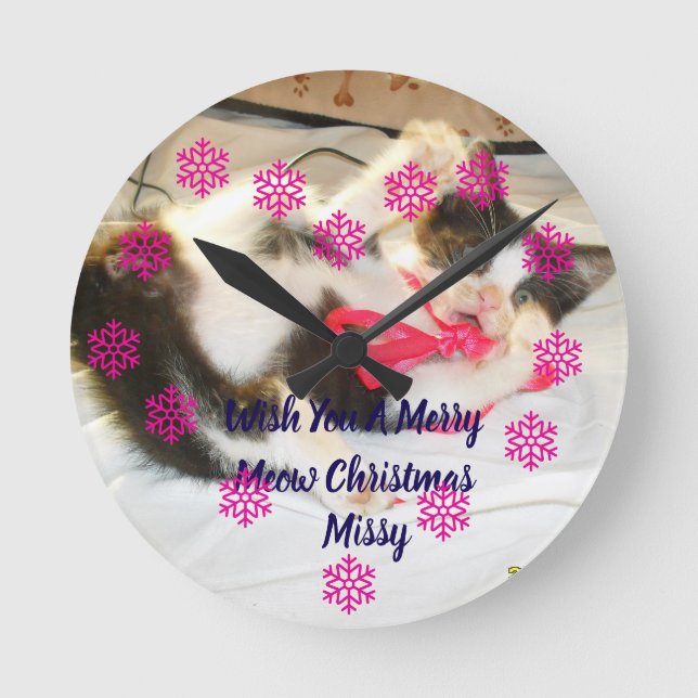 Kitten Photo Text Jingle Meows, Customize,  Round Clock (Front)