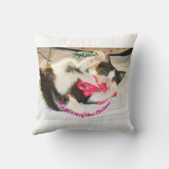Kitten Photo Text Jingle Meows, Customize,  Throw Pillow (Back)