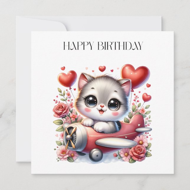 Kitten Pilot Birthday Invitation (Front)