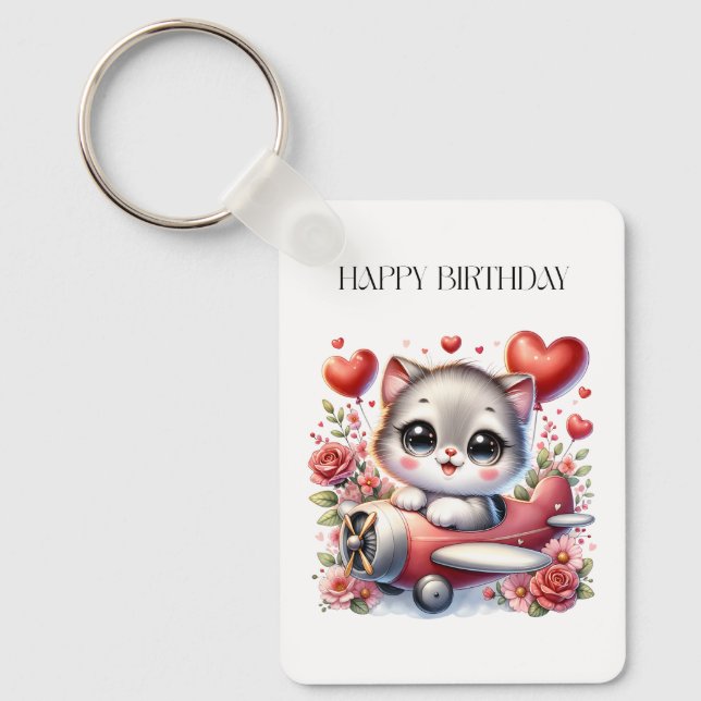 Kitten Pilot Birthday Keychain (Front)